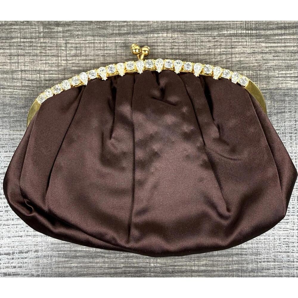 Vintage Bag by Edwards Brown Satin Clutch Rhinestone Kiss Lock Evening